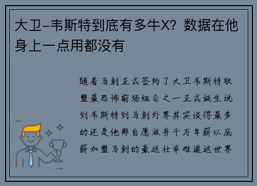 大卫-韦斯特到底有多牛X？数据在他身上一点用都没有
